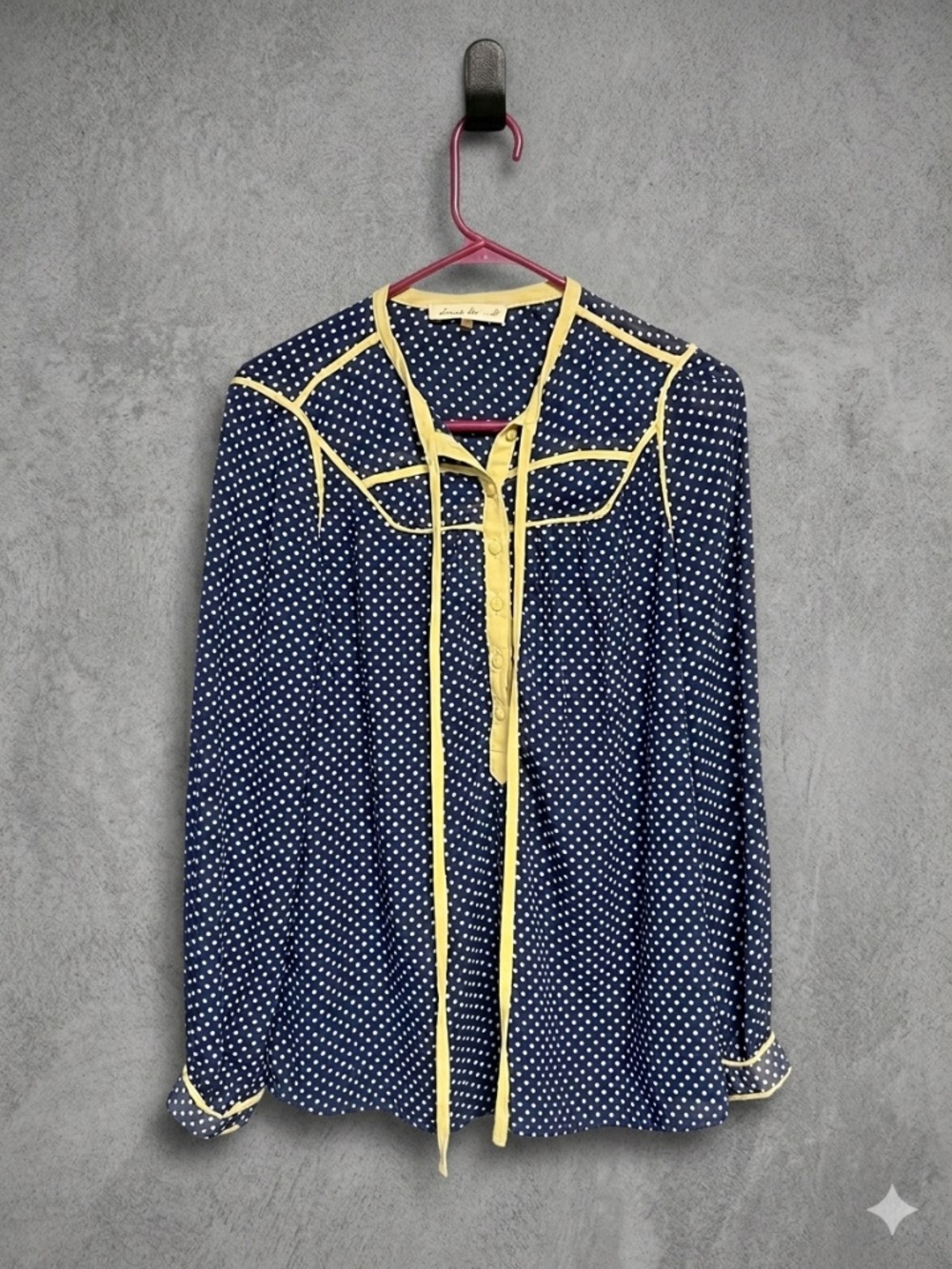 Comme Toi Polka Dot Blouse Navy Blue Yellow Trim Long Sleeve Sheer Button Top M